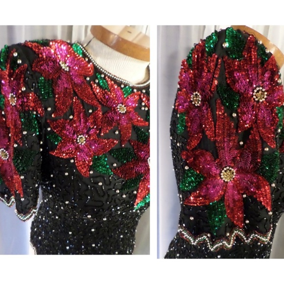 NWT Black Red Gold Silk Bead Sequin Holiday Blouse - Picture 5 of 8